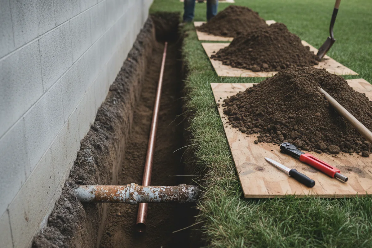 Excavated water line trench during Sewer Line Repair in Cathedral City